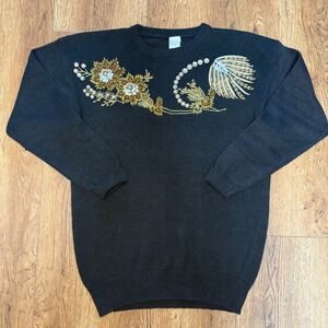 Vintage 90s Beaded Floral Embellished Black Knit Sweater Womens M‎ Sample Retro